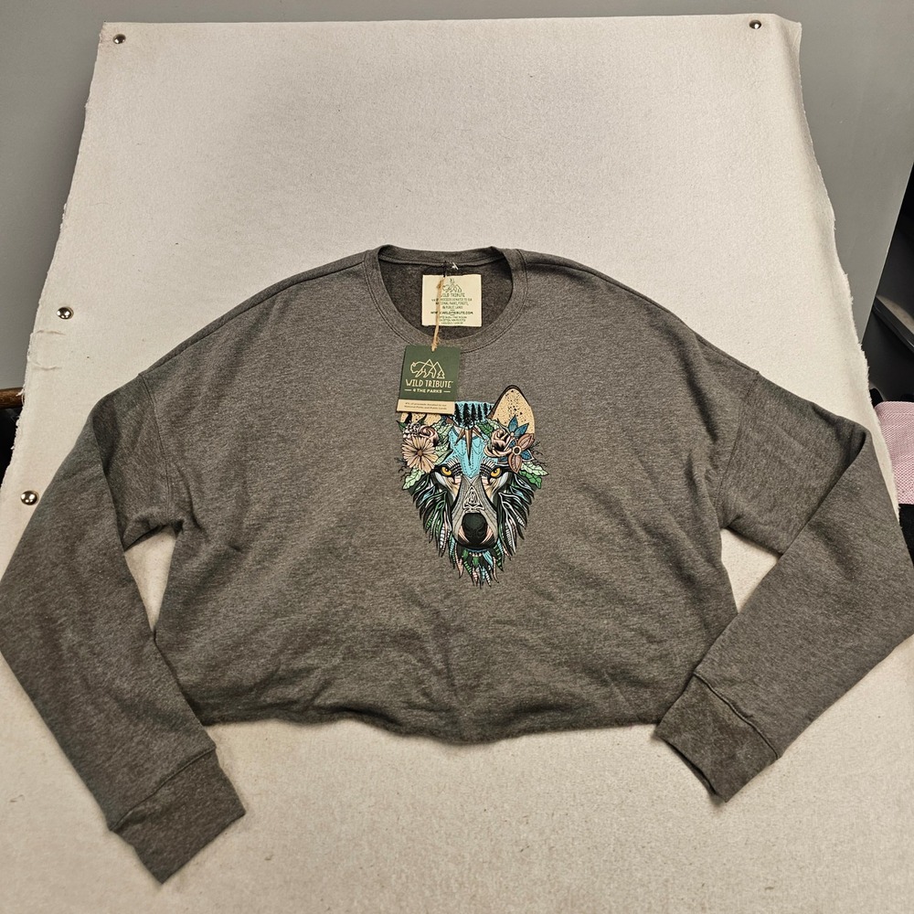 Wild Tribute 4 The Parks Womens Wolf Floral Cropped Sweatshirt Gray XL NWT